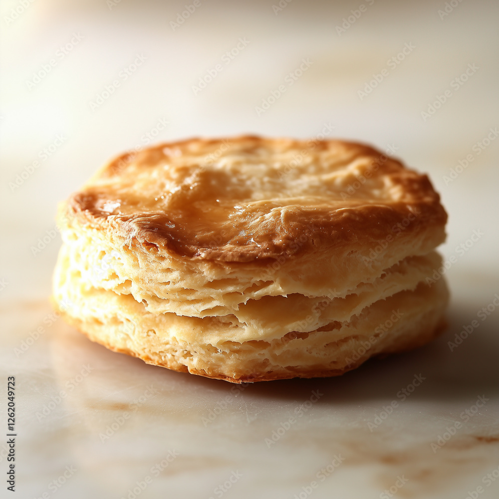 A Golden-Brown Biscuit with Flaky Texture on a Soft Surface. A Golden-Brown Biscuit with Flaky Texture on a Soft Surface.