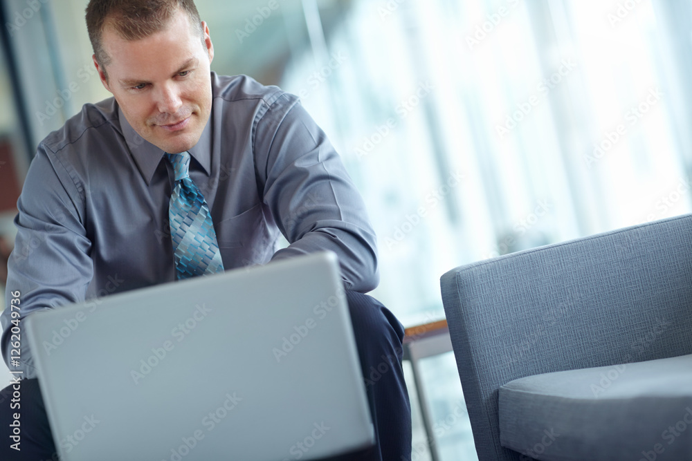 Business, thinking and man with laptop, internet and online reading for budget report. Person, investor and employee in modern office, computer or research for investment, solution or problem solving Business, thinking and man with laptop, internet and online reading for budget report. Person, investor and employee in modern office, computer or research for investment, solution or problem solving