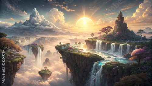 fantasy world with floating islands high above the clouds, cascading waterfalls flowing into the void, vibrant crystal-like formations on the cliffs photo