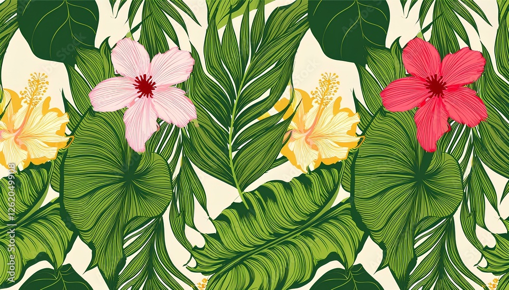 seamless exotic pattern with tropical flowers and green leaves in vector illustration. seamless exotic pattern with tropical flowers and green leaves in vector illustration.