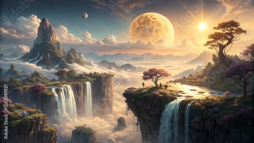 fantasy world with floating islands high above the clouds, cascading waterfalls flowing into the void, vibrant crystal-like formations on the cliffs photo