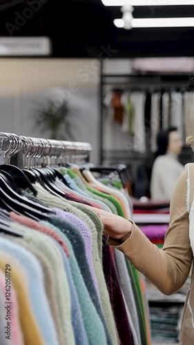 Wallpaper Mural Woman choosing warm sweater hanging on hangers on clothing racks in clothing store. Collection of winter clothes. Buying warm clothes concept. Vertical video Torontodigital.ca