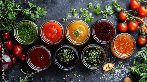Colorful jars of sauces and fresh herbs displayed on a table photo