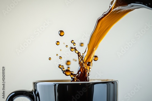 Dark coffee pouring from a high mug, liquid droplets flying, captured in ultra-high-definition detail with a plain white background. photo