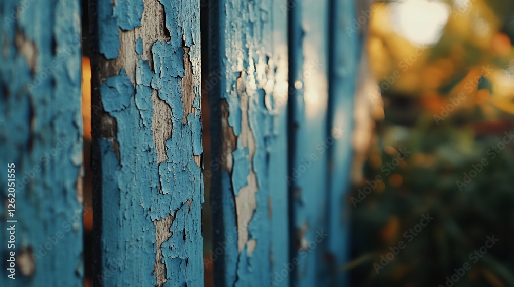 Close-up of weathered blue wooden fence with peeling paint, sunlit background. Close-up of weathered blue wooden fence with peeling paint, sunlit background.