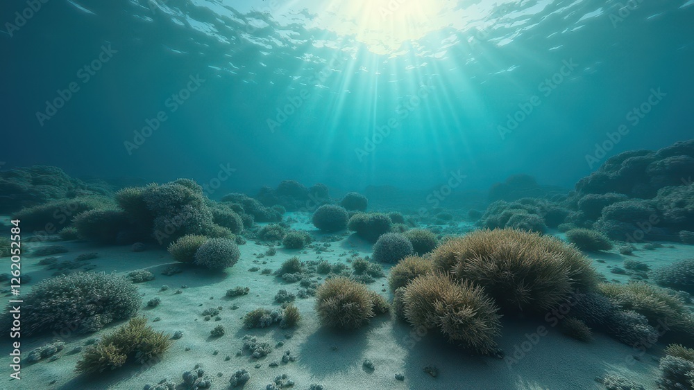 Fototapeta premium Underwater view of coral reef affected by bleaching with sunlight streaming down 
