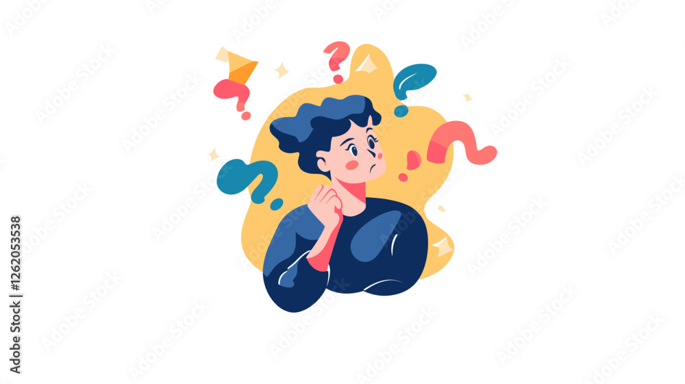 Pensive Woman surrounded by question marks Pensive Woman surrounded by question marks