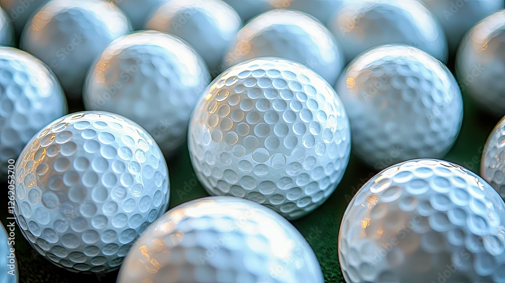 Close-up view of many white golf balls, showcasing the dimpled texture and subtle lighting. A captivating image for golf enthusiasts and sports lovers. Close-up view of many white golf balls, showcasing the dimpled texture and subtle lighting. A captivating image for golf enthusiasts and sports lovers.