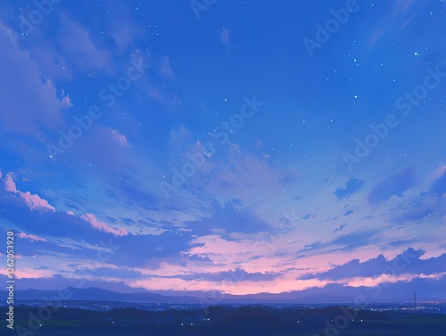Blue sky, clouds, stars, sunset. Distant landscape with city lights, usage skybox