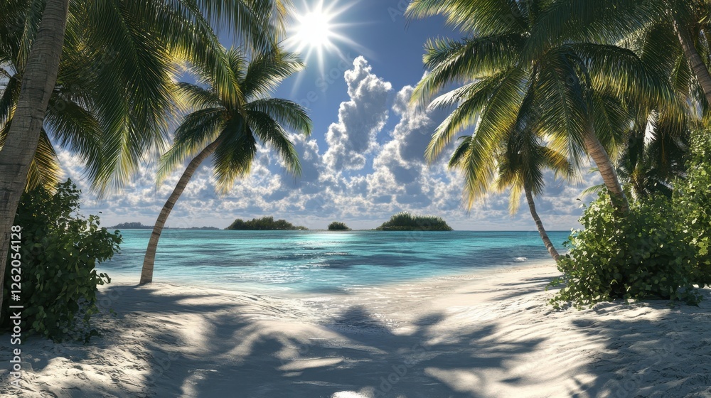 Fototapeta premium Serene Tropical Beach Scene with Palm Trees and Azure Waters