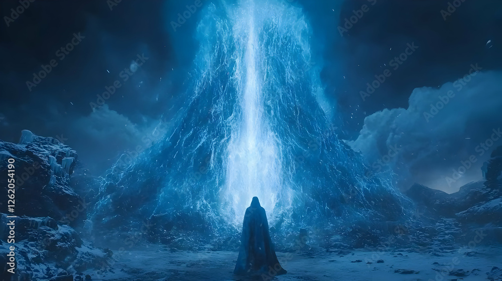 Figure before icy mountain, blue light. Fantasy scene Figure before icy mountain, blue light. Fantasy scene