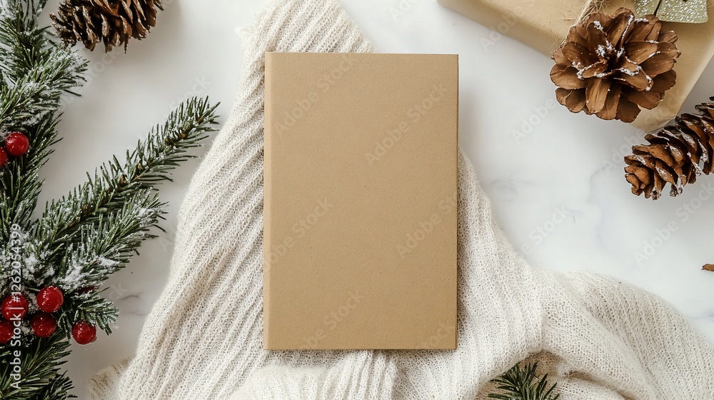 Fototapeta premium Cozy Winter Mockup: A Beige Notebook on a Knit Sweater with Festive Decorations