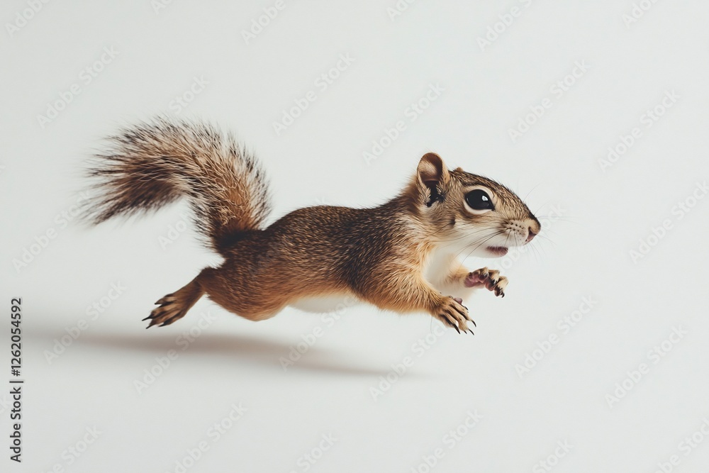 Obraz premium A small brown squirrel leaps across a white background.