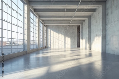 Wallpaper Mural Sunlit spacious industrial loft interior with large windows and concrete floor and walls. Torontodigital.ca