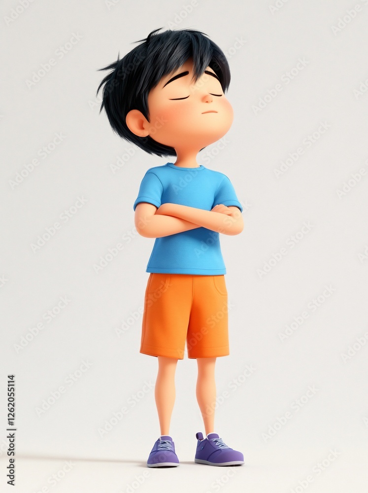 Cartoon boy standing with arms crossed, eyes closed, peaceful expression. Cartoon boy standing with arms crossed, eyes closed, peaceful expression.