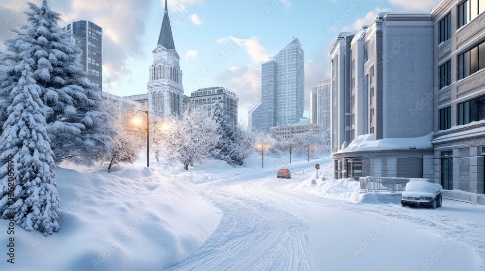 Obraz premium severe snowstorm blanketing an urban landscape. Heavy snowfall obscures buildings and streets, creating a soft, white world punctuated by the occasional flash of headlights