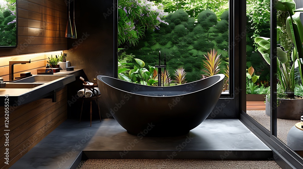 Black bathroom, bathtub, black sk, wooden wall panel, concrete floor, wdow with garden view, natural light, modern style,