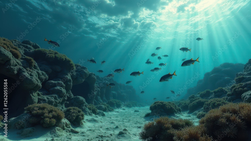 Obraz premium Underwater view of coral reef affected by bleaching with fish swimming under sunlight 