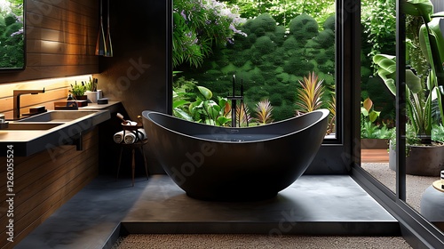 Obraz na płótnie Black bathroom, bathtub, black sk, wooden wall panel, concrete floor, wdow with garden view, natural light, modern style, w salonie