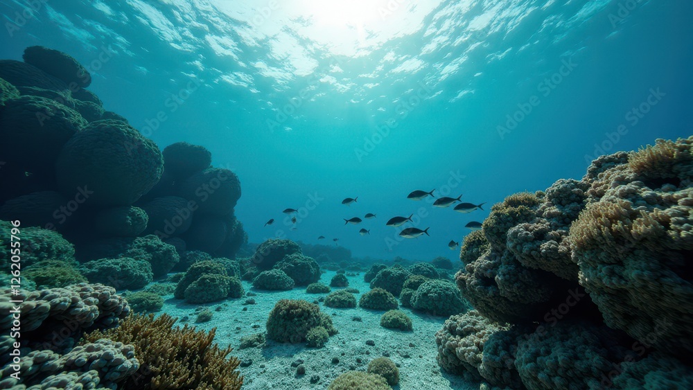 Fototapeta premium Underwater view of coral reef affected by bleaching with fish swimming under sunlight 