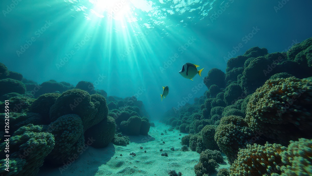 Fototapeta premium Underwater view of coral reef affected by bleaching with fish swimming under sunlight 