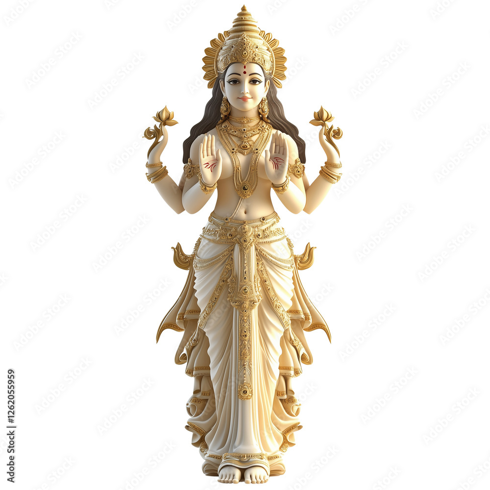 Obraz premium Elegant Golden Goddess Lakshmi Statue Hindu Deity Sculpture Four Arms Isolated, Isolated on Transparent Bakcground, Ai Generative Images