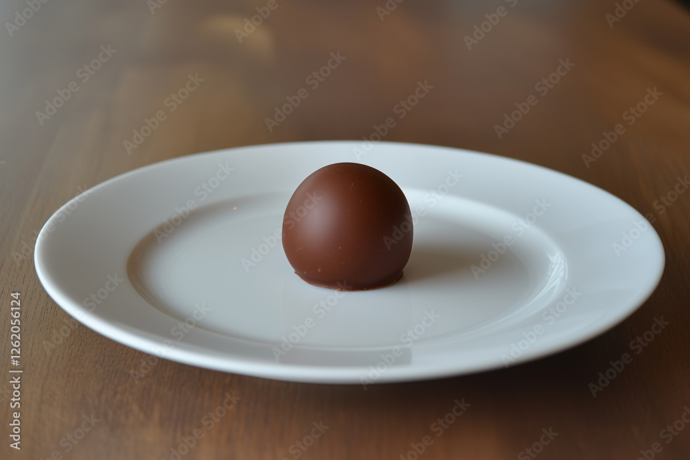 A Luxurious Chocolate Truffle on a Pristine White Plate. A Luxurious Chocolate Truffle on a Pristine White Plate.