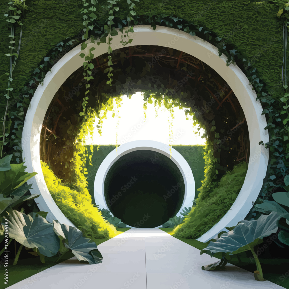 A circular opening framed by lush green plants and vines, leading into a deeper, similarly verdant circular space.