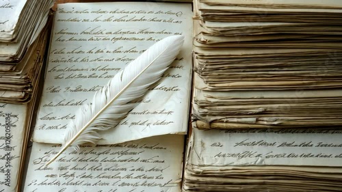 Historical manuscripts and quill arranged on a wooden table in a study room filled with vintage charm