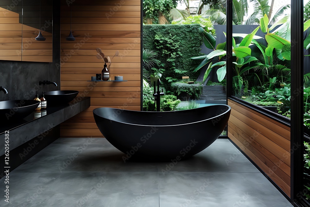 Black bathroom, bathtub, black sk, wooden wall panel, concrete floor, wdow with garden view, natural light, modern style,