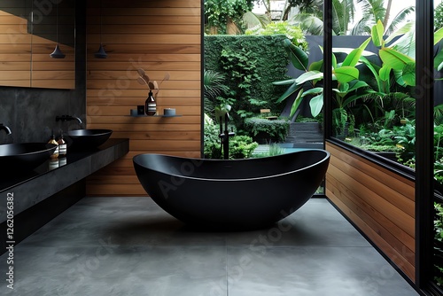 Obraz na płótnie Black bathroom, bathtub, black sk, wooden wall panel, concrete floor, wdow with garden view, natural light, modern style, w salonie
