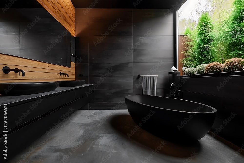 Black bathroom, bathtub, black sk, wooden wall panel, concrete floor, wdow with garden view, natural light, modern style,