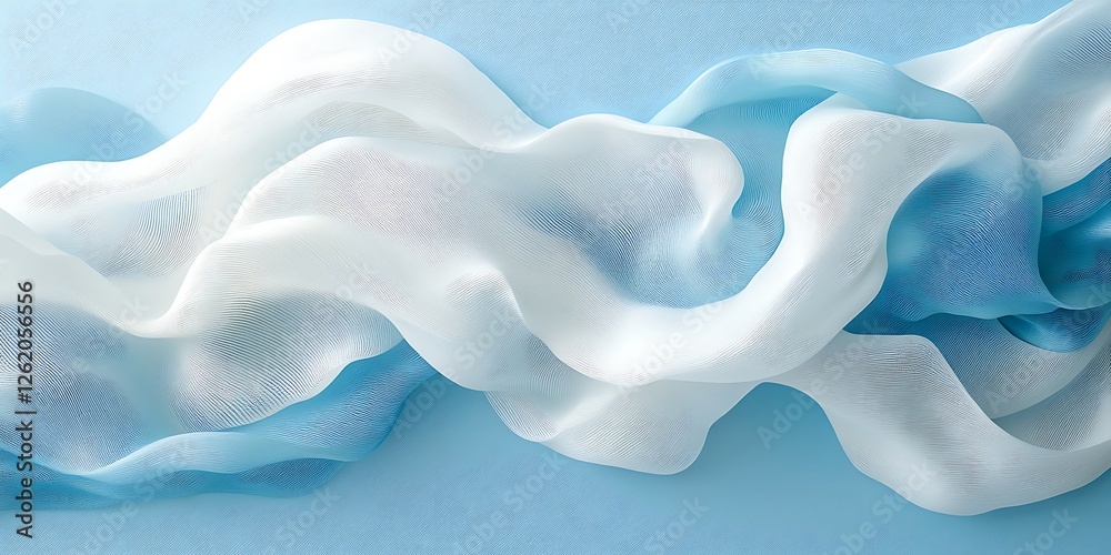 Fototapeta premium Flowing blue and white fabric, light blue background, soft texture, design element