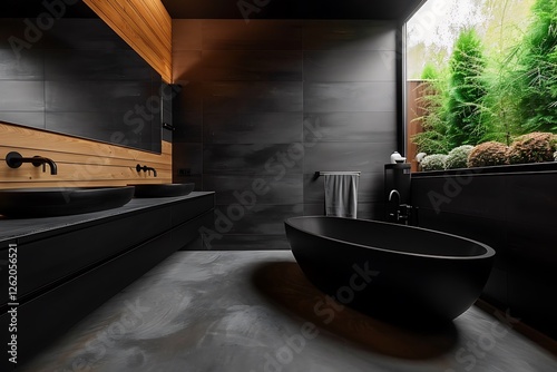 Obraz na płótnie Black bathroom, bathtub, black sk, wooden wall panel, concrete floor, wdow with garden view, natural light, modern style, w salonie