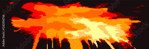 Yellow and orange pixel explosion on black bg. 8bit game vector background with mosaic pattern. Sunset or burst in the sky. Arcade wallpaper with burning clouds