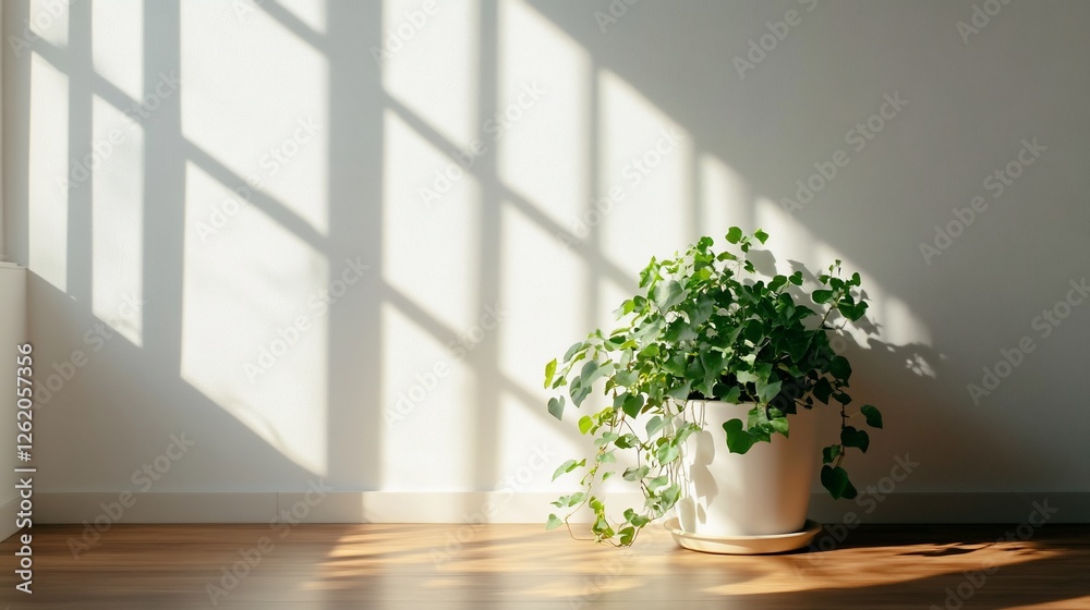Fototapeta premium Lush green plant in white pot, sunlight through window casting shadows on white wall and wood floor.