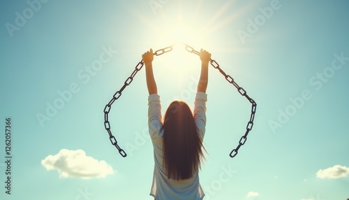 Woman breaking chains raises her arms against a sunny sky