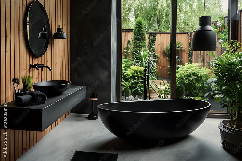 Black bathroom, bathtub, black sk, wooden wall panel, concrete floor, wdow with garden view, natural light, modern style,