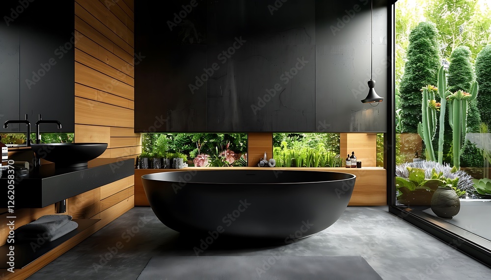 Black bathroom, bathtub, black sk, wooden wall panel, concrete floor, wdow with garden view, natural light, modern style,