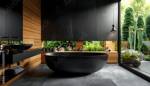 Obraz na płótnie Black bathroom, bathtub, black sk, wooden wall panel, concrete floor, wdow with garden view, natural light, modern style, w salonie
