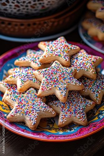 Colorful sprinkled star cookies on a plate photo