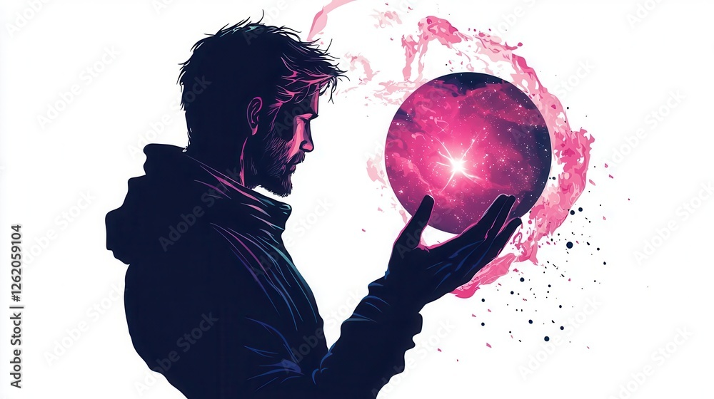 Naklejka premium a hero holding a glowing orb, fantasy magic element, surreal illustration, vibrant hues, isolated on white background