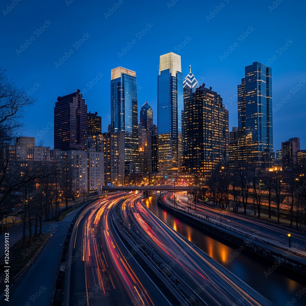 Fototapeta premium City skyline at dusk with highway light trails.