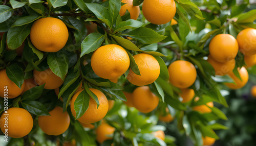 oranges on tree. Ripe oranges on tree with dense green leaves.