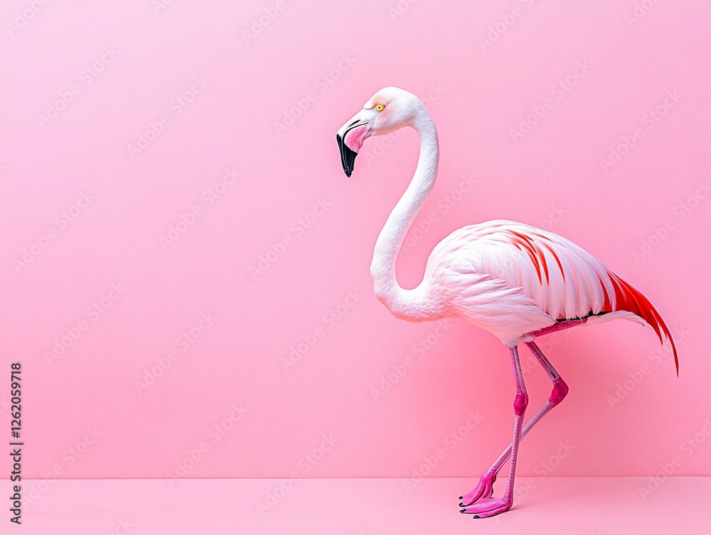 Fototapeta premium Pink flamingo standing on pink background.
