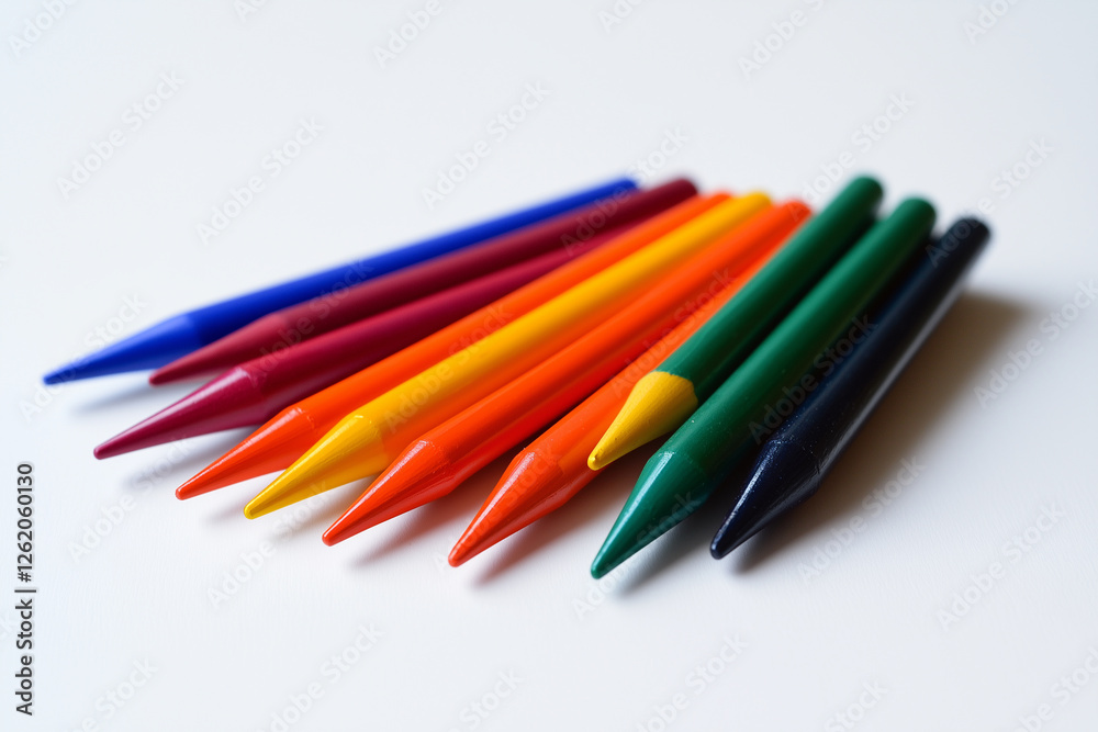 A Neat Pile of Brightly Colored Crayons on a Crisp White Surface. A Neat Pile of Brightly Colored Crayons on a Crisp White Surface.