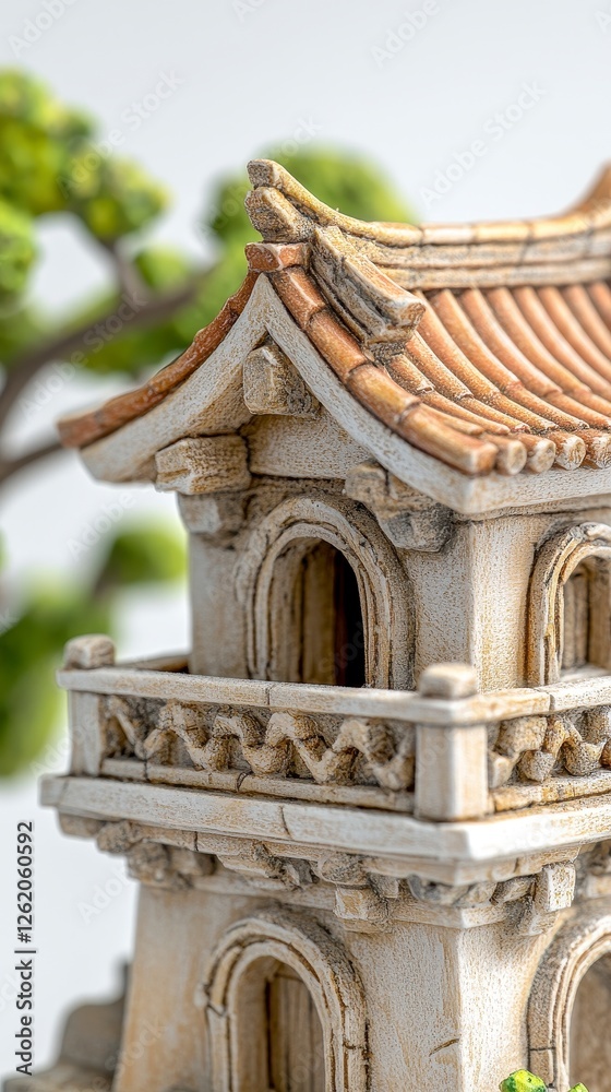 Miniature Beige Pagoda with Intricate Stonework