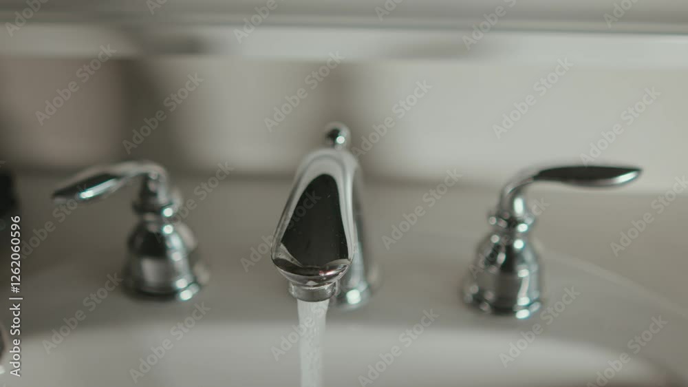 Closeup of shiny silver sink with running water from tap Closeup of shiny silver sink with running water from tap