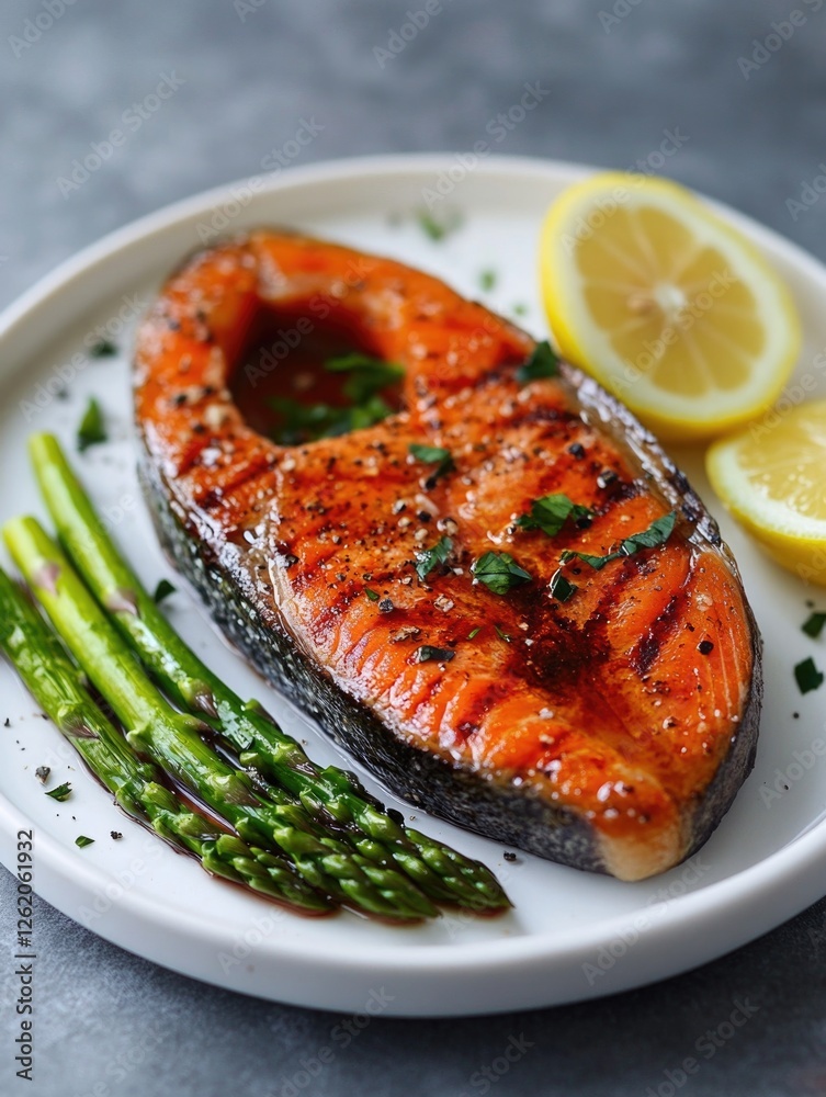 A delicious grilled salmon on a white plate, garnished with lemon and served with asparagus spears. A delicious grilled salmon on a white plate, garnished with lemon and served with asparagus spears.
