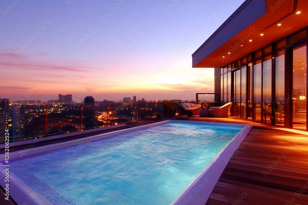 Obraz premium Rooftop infinity pool at sunset overlooking city skyline.